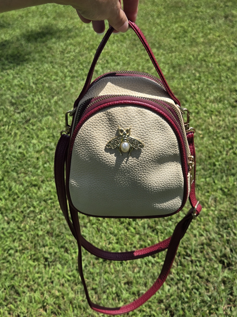Cream and Burgundy Crossbody Bag with Bee Accent
